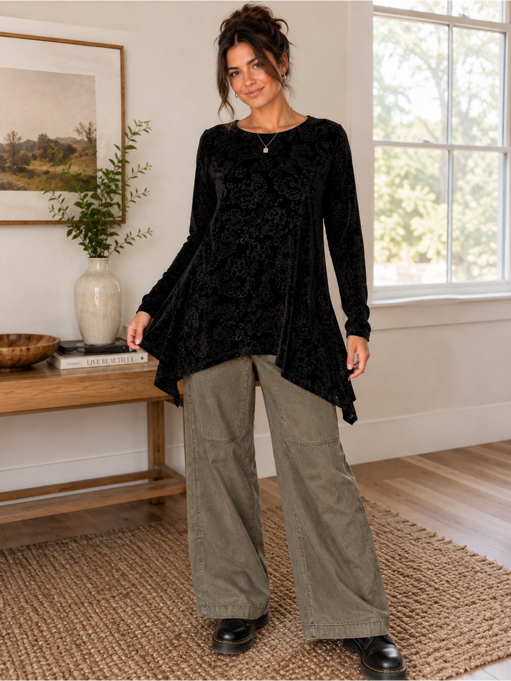 Ruby Rd Black Velvet Burnout Paisley Tunic Top L